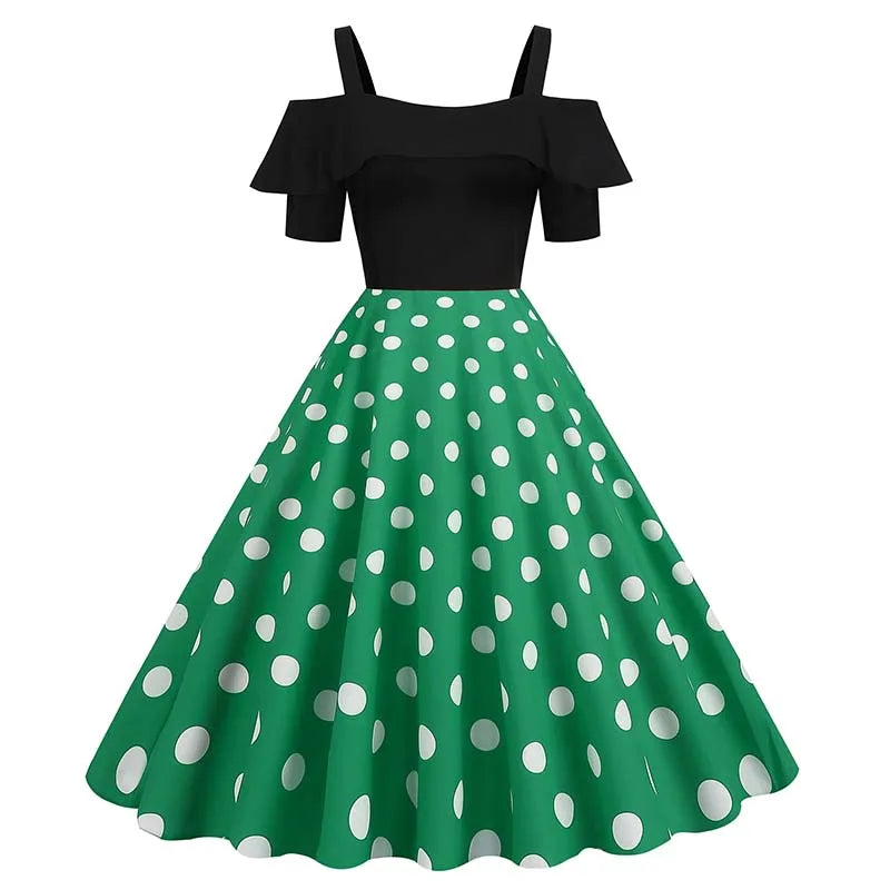 Elegant Off-Shoulder Summer Dress for Women | Slash Neck Vintage Fit and Flare Polka Dot Party Dress