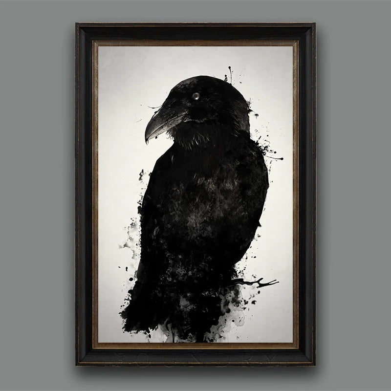 Raven and Skull Heart Grenade Poster - Black and White Crow Canvas Wall Art, Goth Aesthetic Decor