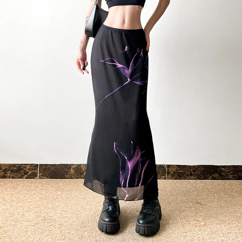 Goth Dark Mesh Double Layered Fishtail Skirt – Fairy Print Y2K Gothic Slim Streetwear for Women