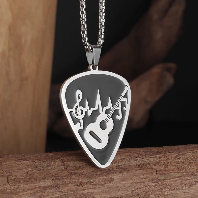 Stainless Steel Hollow Design Guitar Pick Bass Note Necklace Men and Women Suitable for Music Lovers Pendant Rock Punk Jewelry