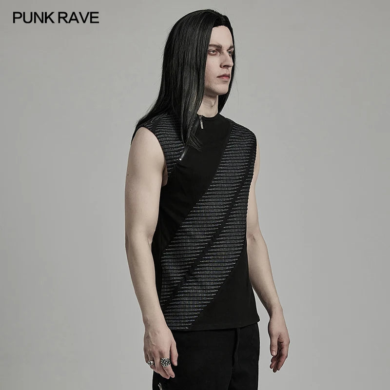 PUNK RAVE Men's Punk Spliced Tank Top - 3D Jacquard Design, Rebellious and Creative Streetwear for Summer