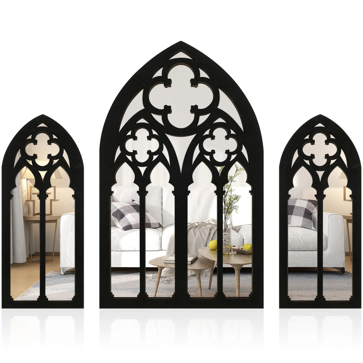 3Pcs Gothic Mirrors Wall Decor - Arched Decorative Wall Mounted Mirrors, Vintage Cathedral Indoor Window Mirror for Goth Room Decor