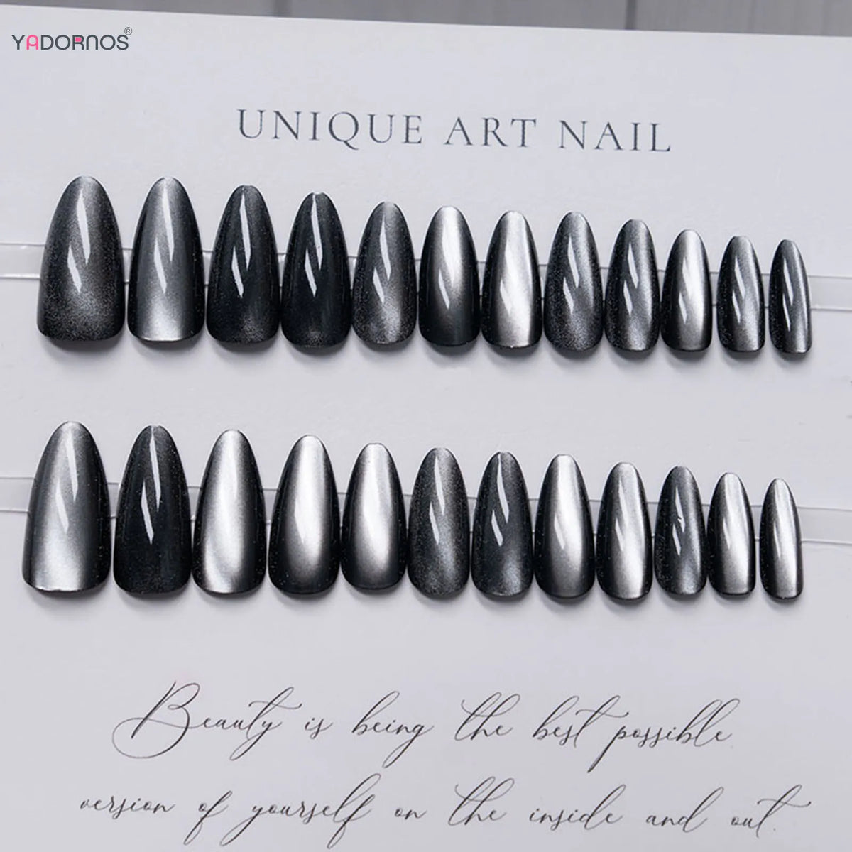 Glossy Cat Eye Almond Press-On Nails – Full Cover Black Fake Nails for Women & Girls, Simple DIY Wearable Manicure