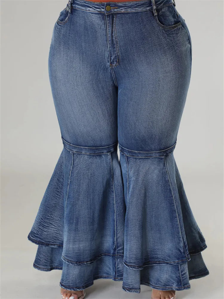 Plus Size High Waist Flare Jeans – Casual Ruffled Hem Denim Pants for Women, Fashion Streetwear