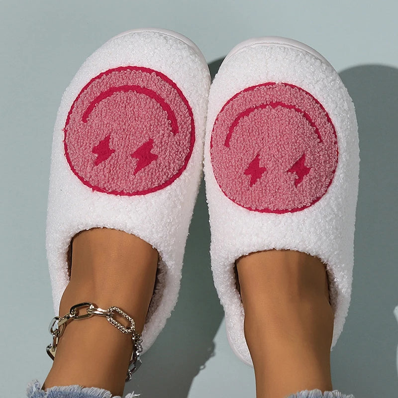 Cartoon Yellow Smile Slippers for Women 2023 - Winter Soft Sole Fluffy Fur Slippers, Flat Heel Plush Bedroom Home Cotton Shoes