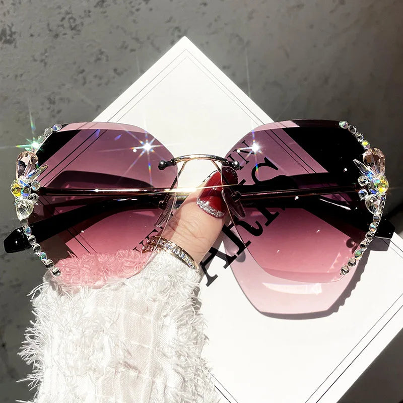 Vintage Rimless Rhinestone Sunglasses Women Luxury Brand Design Fashion Gradient Lens