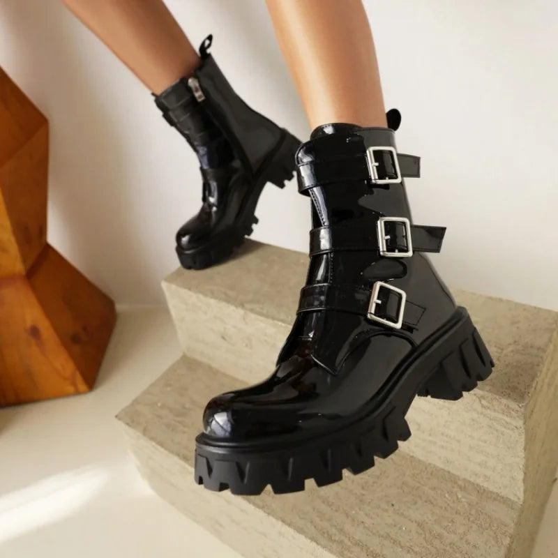 Chunky Heels Motorcycle Buckle Boots for Women | Patent Leather | Black & Purple | Flat Platform Ankle Boots | Ladies Thick Sole