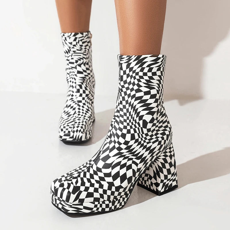 Checkerboard Pattern Chunky Heel Women's Boots – Square Toe, Plaid Design, Zip Closure with Plush Inner for Winter