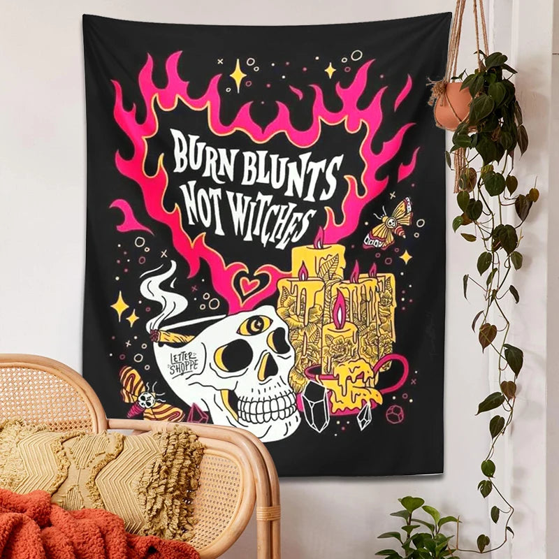 Skull Tapestry Wall Hanging | Psychedelic Burn Blunts Not Witches Moon Moth Divination | Boho Witch Skeleton Decor