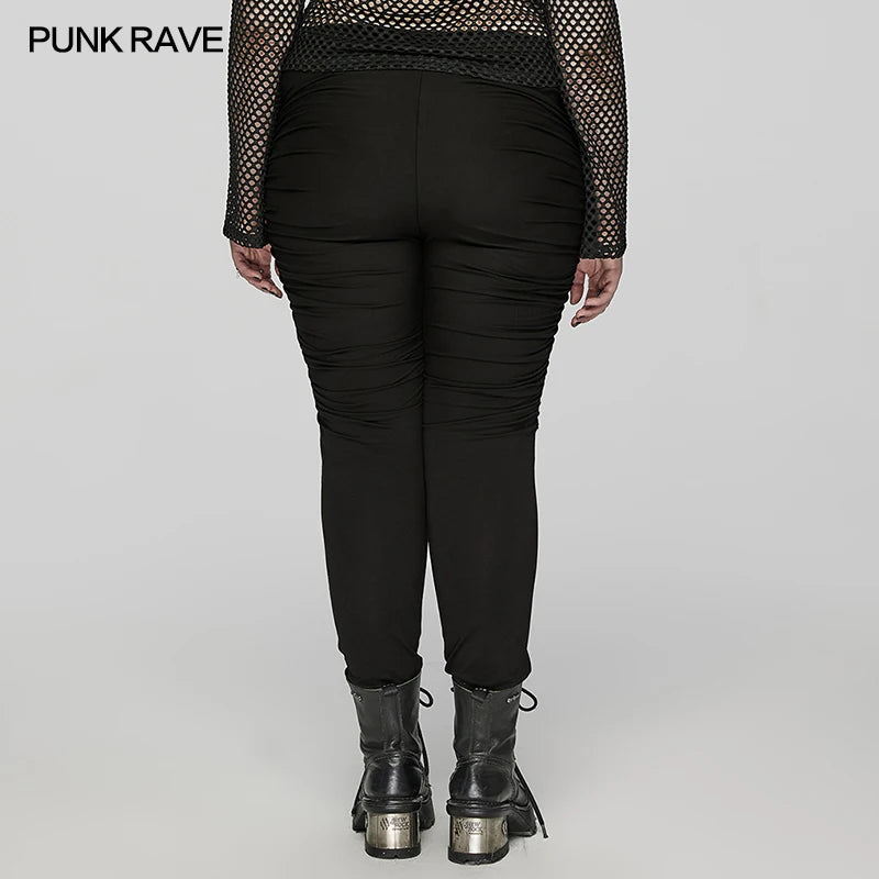 PUNK RAVE Women's Punk Style Knitted Pants - Pleated Thighs, Cool and Personality Leggings for Spring/Autumn Streetwear