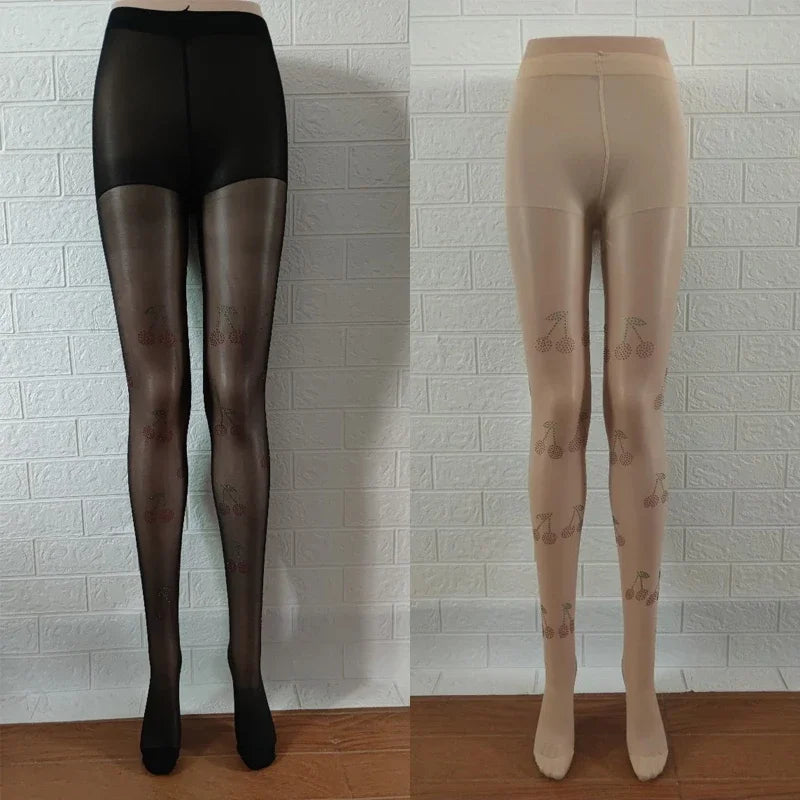 2024 Women's Mesh Stockings – See-Through Cherry Rhinestone Tights, Summer/Fall Elastic Leggings, Skin/Black Color