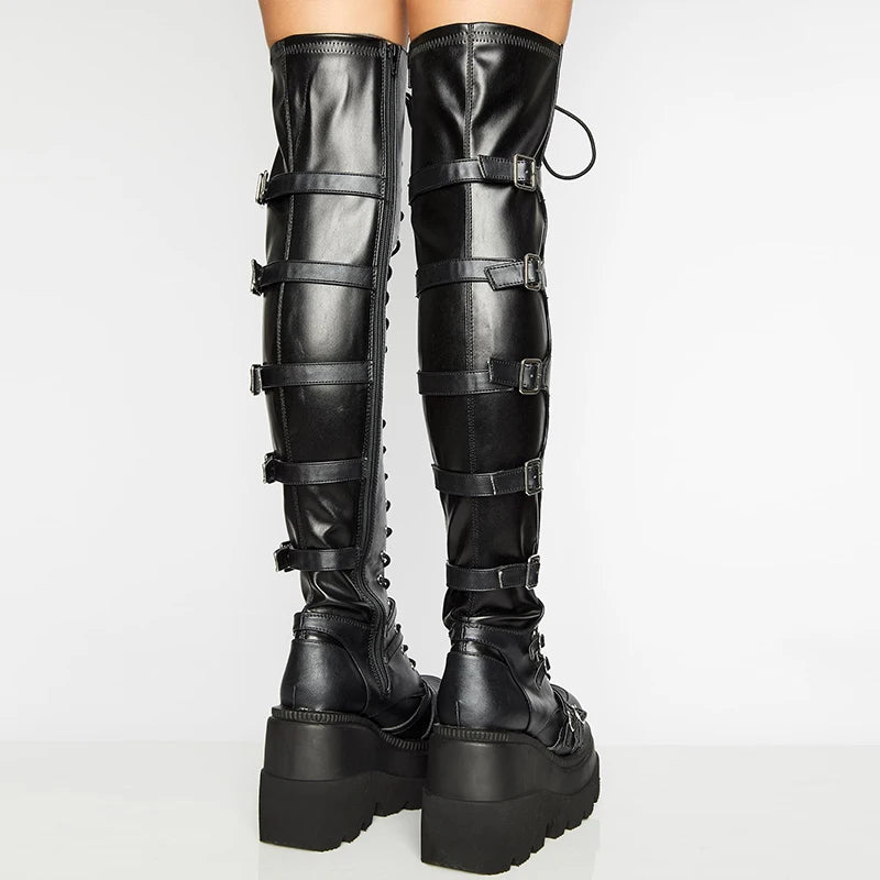 Punk Over-the-Knee Boots for Women – Platform Heels with Belt Buckle, Thigh-High Flat Motorcycle Goth Shoes