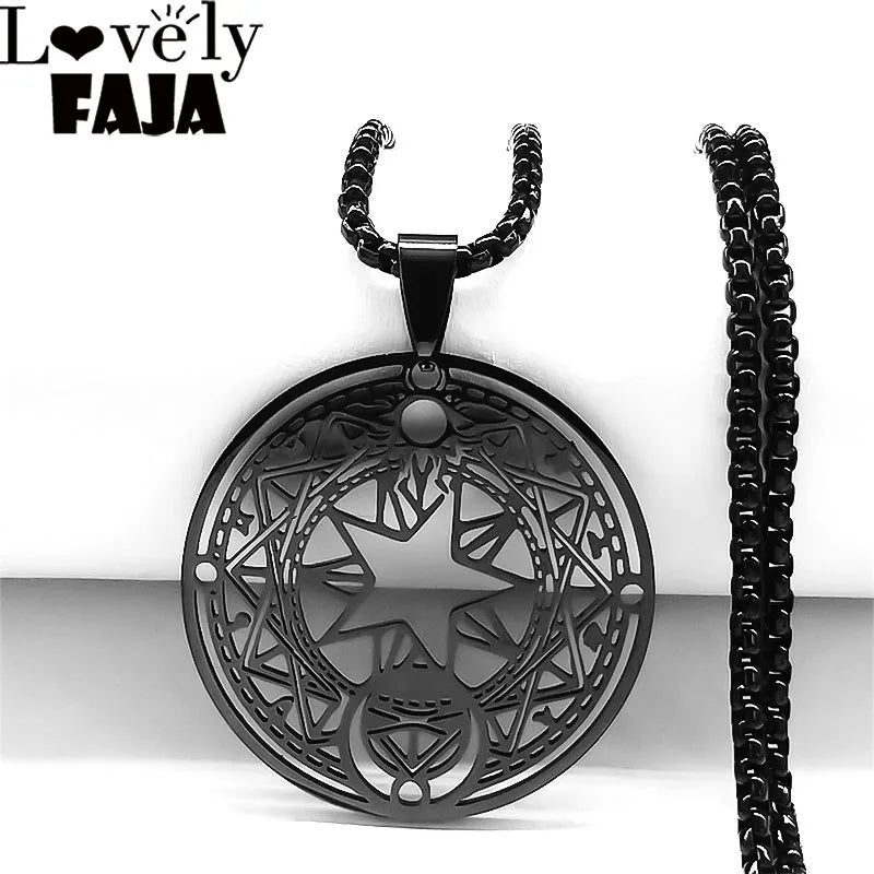 Goth Japan Anime Sakura Magic Circle Necklace - Card Captor Pentacle Hexagram Sacred Geometry Stainless Steel Jewelry (N42)