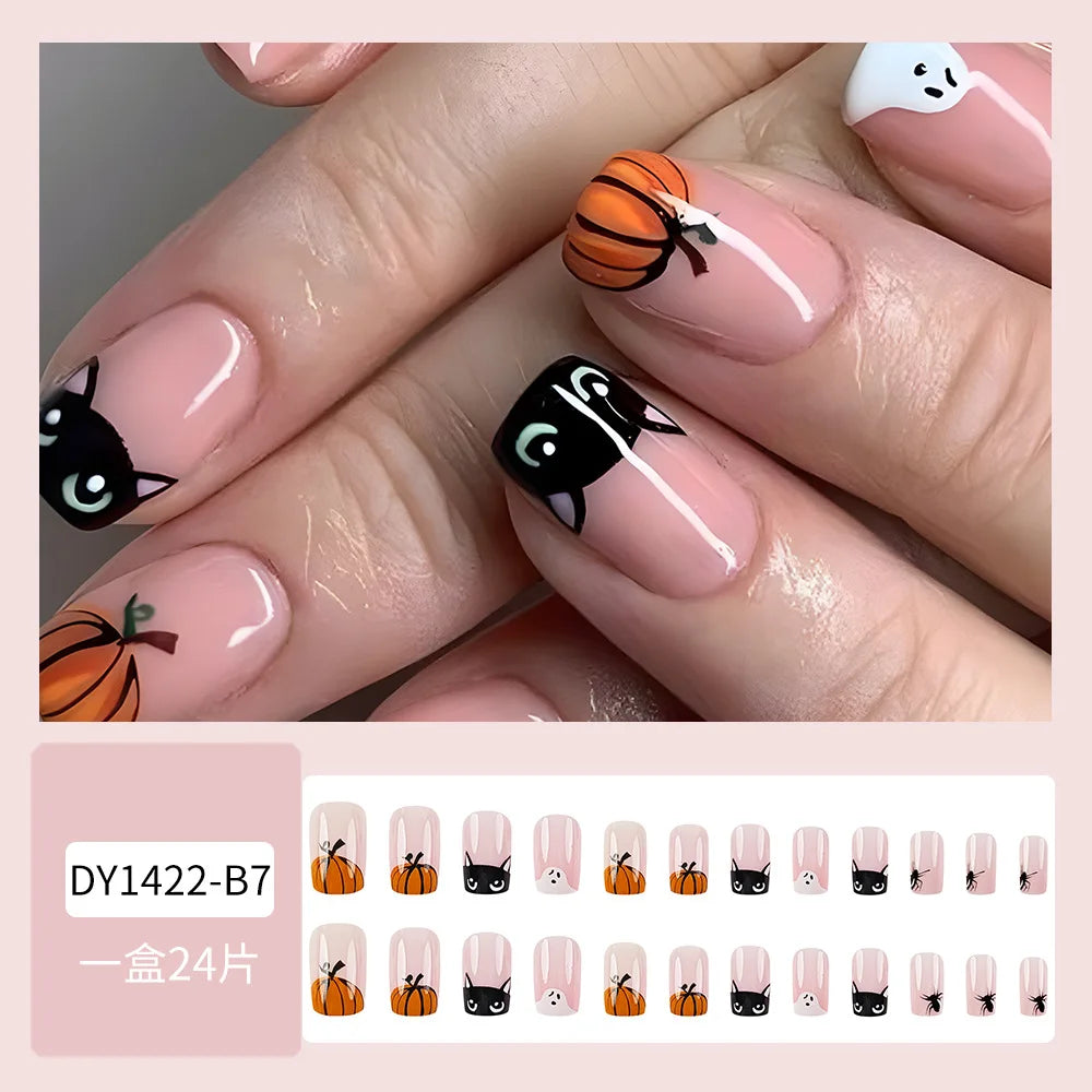 24pcs Halloween Simple pink nail art Fake Nails Detachable cartoon False Nails Press on Nails French Ballerina Nails Art