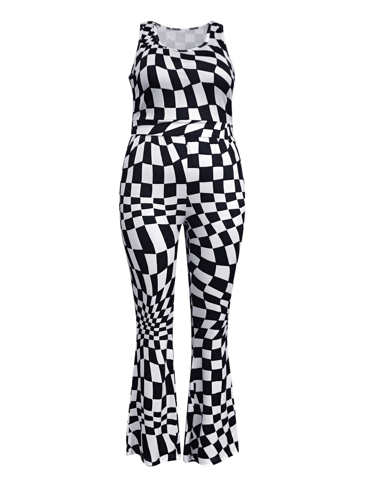 Plus Size Color Contrast Two-piece Casual Checkerboard U Neck Tank Top & Flare Pants Outfit Set for Women