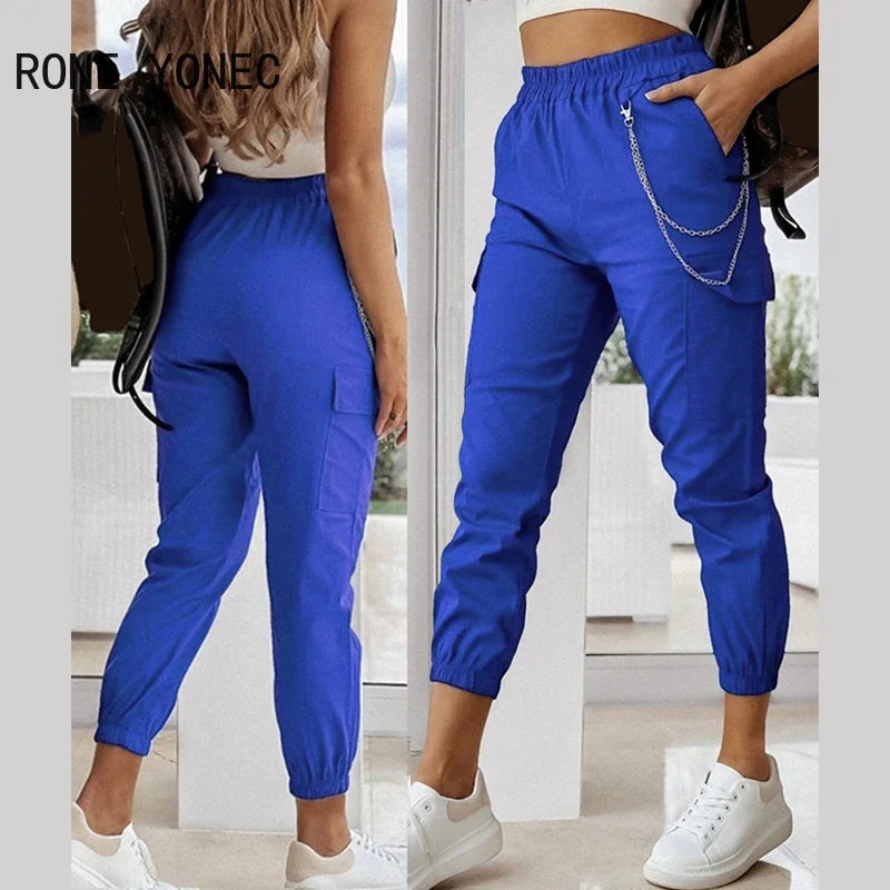 Women Casual Solid Multi-Pocket Cargo Pants with Chain Decoration - High Street, Ankle-Length