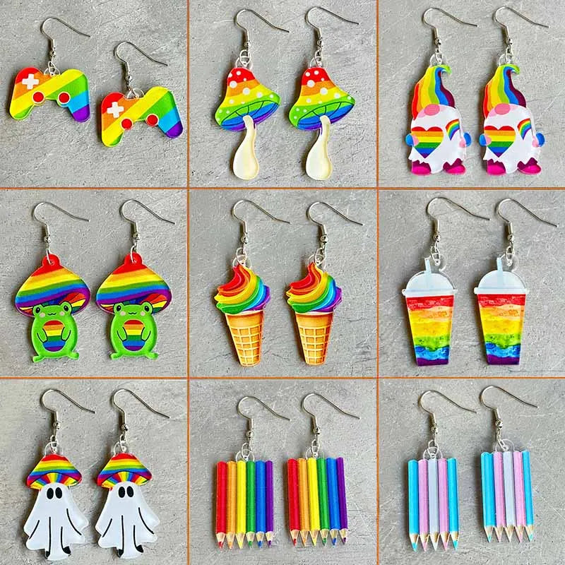 New Rainbow Game Machine, Mushroom Elf, and Comrades Earrings - Colorful Acrylic Fun Summer Beverage Earrings, Perfect Gift
