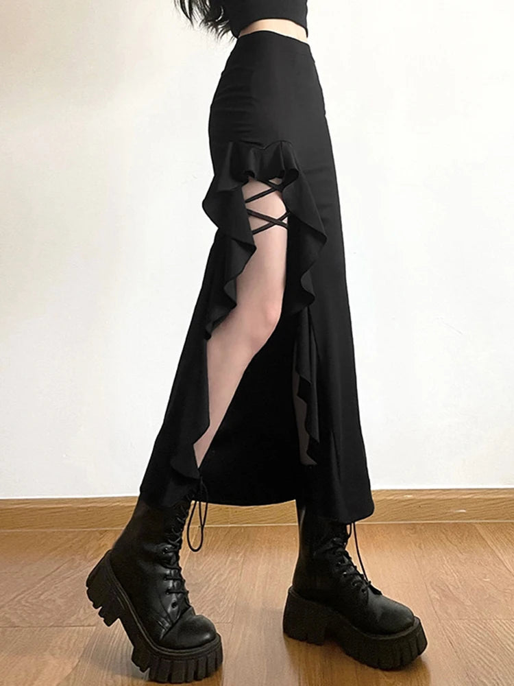 AltGoth  Coquette Mall Goth Skirt Women Streetwear Grunge High Waist Irregulr Split Skirt Vintage Emo Alternative Indie Clothes