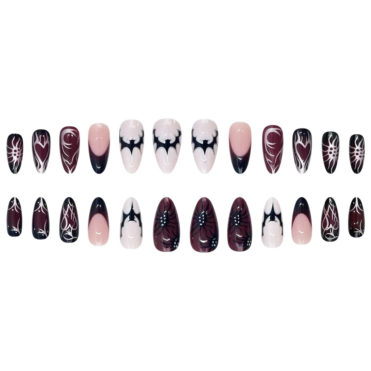 24pcs Almond Halloween Press on Nails Punk Metal Black Red Gradient French Fake Nails Bat Spider Pattern Halloween False Nails