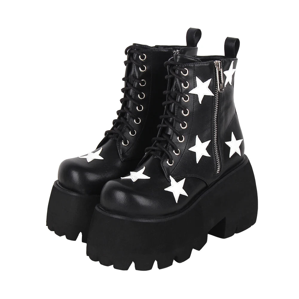 Women Gothic motorcycle Punk Dark Street Style boots lady short ankle customized Boots woman high heels pumps shoes black 10cm