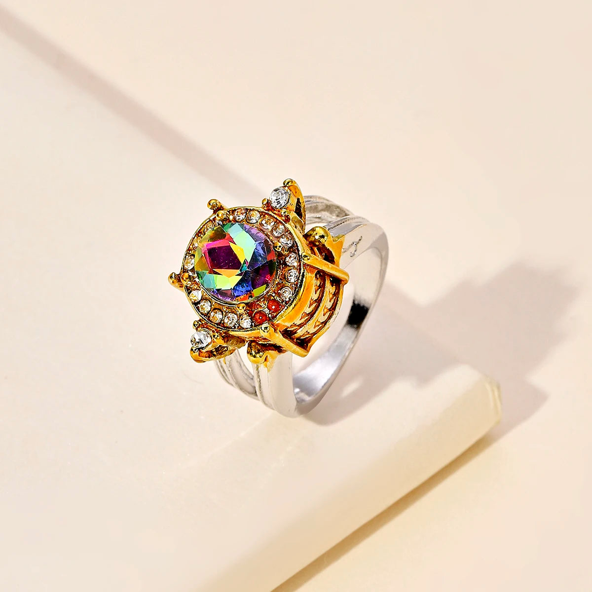 Two-Tone Ring with Colorful Gemstones - Exquisite Fashionable Women’s Festival Jewelry