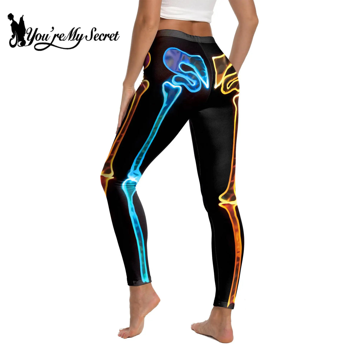 [You're My Secret] Halloween Spandex skeleton Print Woman Elastic Pants Tights Trousers Slim Fitness Bottom High Waist Legging