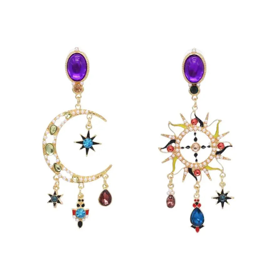 Luxury Colorful Crystal Sun Moon Asymmetric Tassel Fashion Earrings