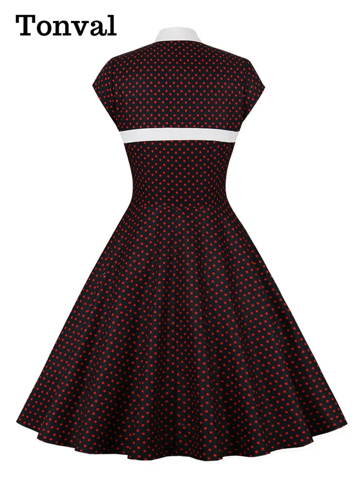 Tonval Stand Collar Hollow Out Front Button Evening Party Dresses Women Cap Sleeve Polka Dot Vintage Dress Elegant Female