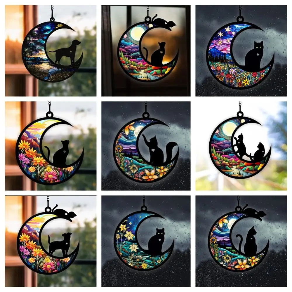 Moon-Shaped Cat Stained Glass Door Hanging - Halloween Ornament for Home Decor Gifts