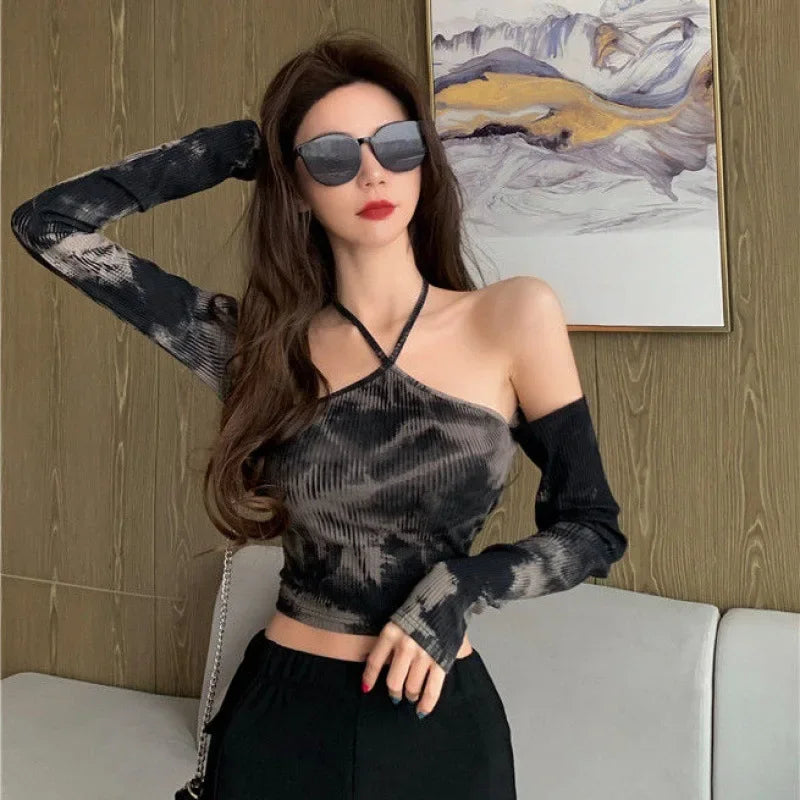 Tie-dye Long-sleeved T-shirt Women Slimming One-word Neck Off Shoulder Halter Short Top Summer Y2K Goth Backless Sexy Crop Tops