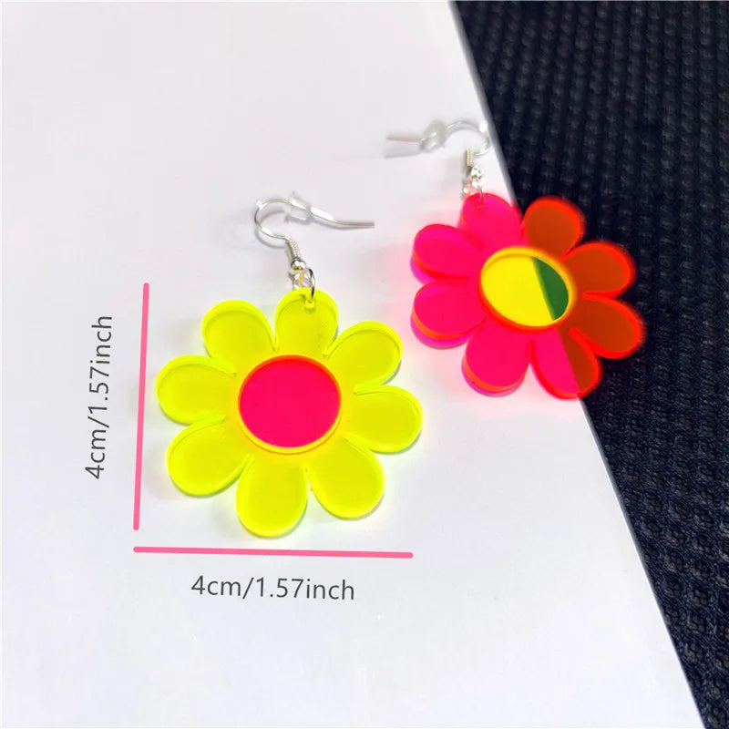 Cute Clear Neon Green Hot Pink Flower Drop Earrings for Women - Acrylic Jewelry Fashion Accessories by KUGUYS