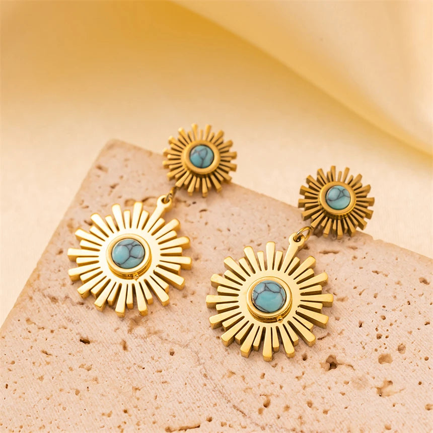 Vintage Sunflower Earrings: 316L Stainless Steel with Imitation Turquoise - High Fashion Jewelry