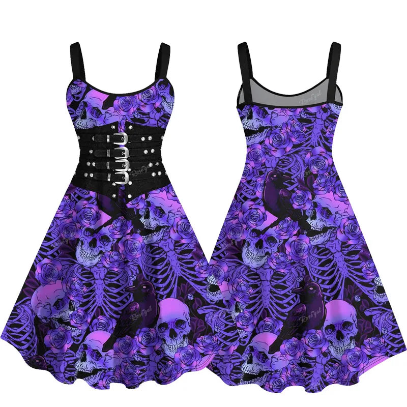 New In Fashion Plus Size Halloween Dress | Rose, Skull, Buckles Grommets 3D Printed Tank Dress for Women Summer