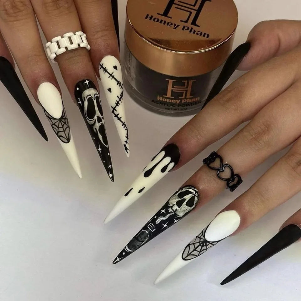 24pcs Long Pointed Press-On Nails – White Bones, Ghost, and Spider Web Halloween Nail Patches for Girls & Women