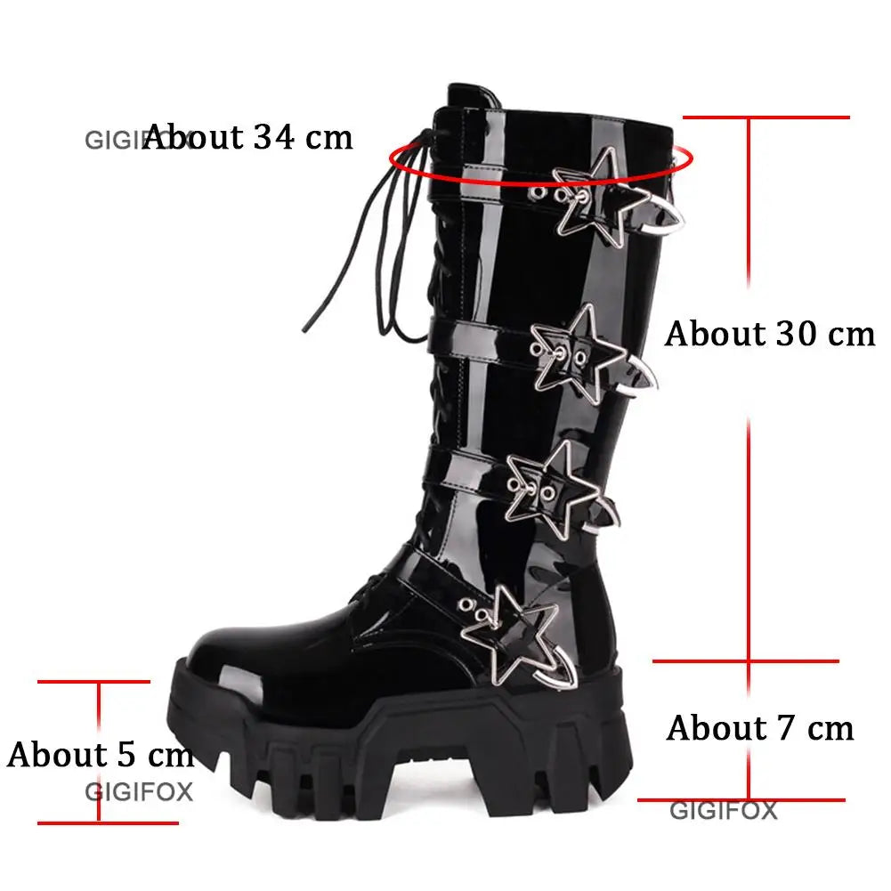 GIGIFOX Platform Wedges Knee High Boots for Women | Chunky Heel Fashion Punk Motorcycle Boots | Goth Gothic New Rock Shoes for Winter