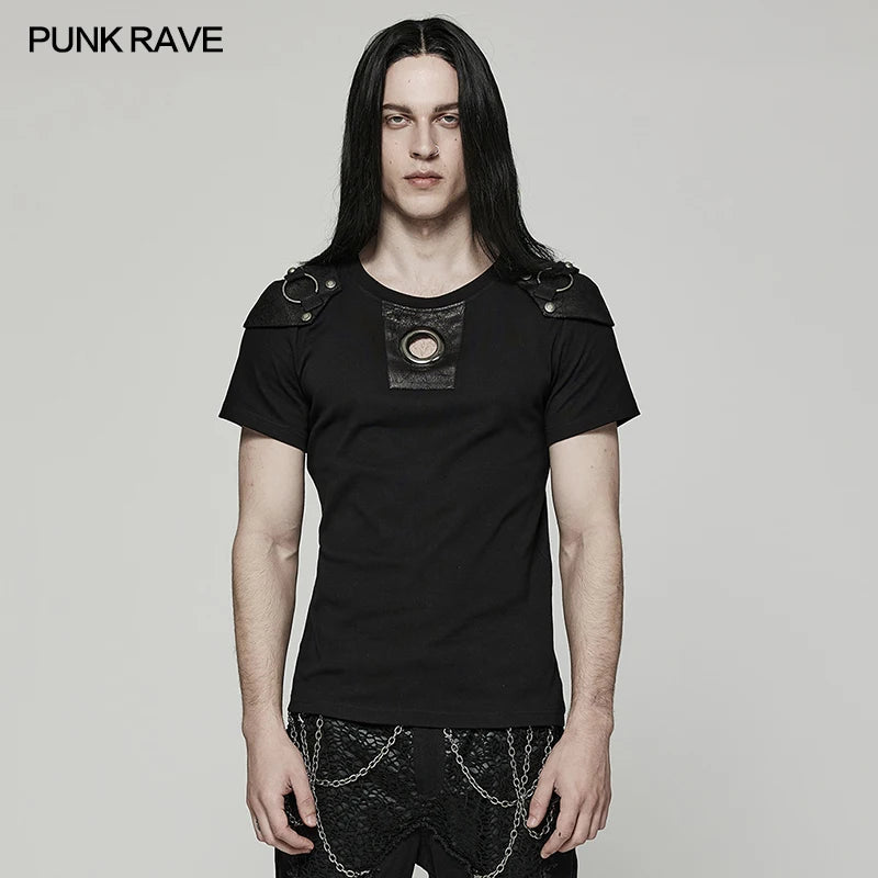 PUNK RAVE Men's Punk Handsome Distinctive Cracked Leather Knit T-shirt with Detachable Armor Decoration Personality Casual Tops