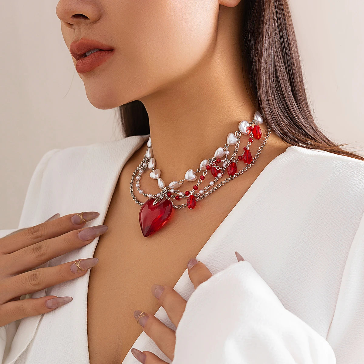 IngeSight.Z Luxury Multi-Layered Red Crystal Peach Heart Pendant Necklace | Women’s Elegant Imitation Pearl Link Chain Jewelry