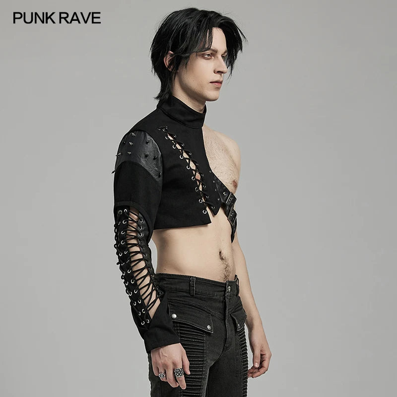 PUNK RAVE Men's Punk Asymmetric One Sleeve Arm Harness Hollow Out Drawstring Design Accessories Men Black Jacket