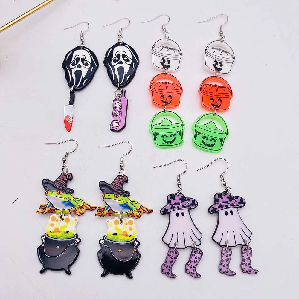 Halloween Drop Earring Creative Acrylic Cowboy Ghost Funny Walking Chicken Magic Frog Earrings for Women Holiday Gift