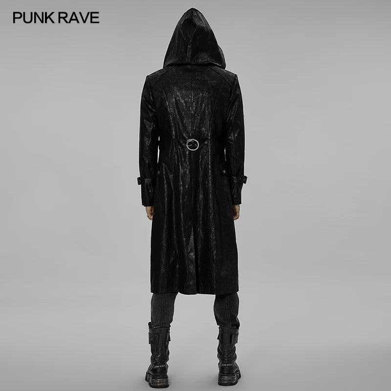 PUNK RAVE Men's Punk Hooded Stand Collar Printing Coat Metal Chains Lobster Buttons Personality Long Jacket Autumn/Winter