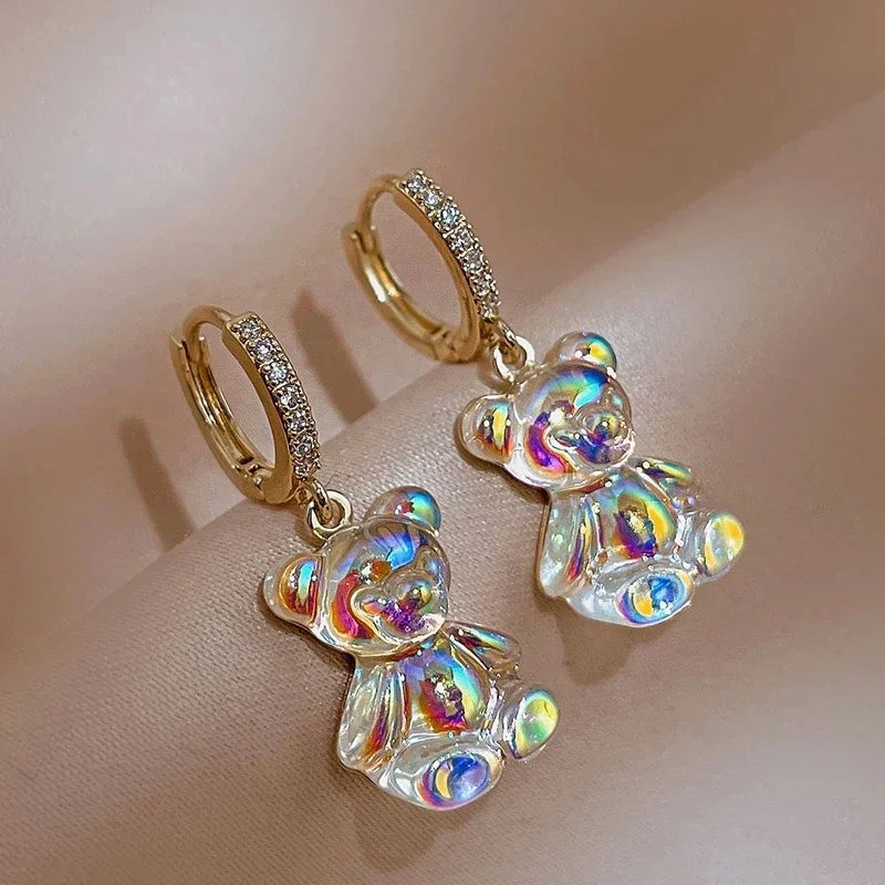 Cute Acrylic Gummy Bear Dangle Earrings - Rainbow Bear CZ Hoop Earrings for Women