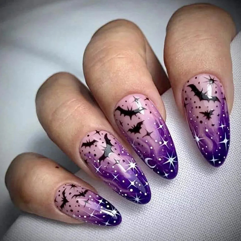 24pcs Matte Almond Halloween Press-On Nails – Pumpkin, Bat, and Spider Full Cover DIY False Nail Tips