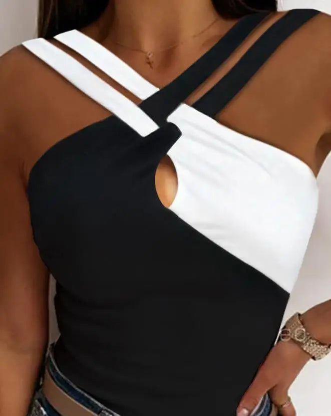 Fashion 2023 Casual Summer Sleeveless Colorblock Crisscross Halter Tank Top – Sexy Skinny Pullover T-Shirt for Women