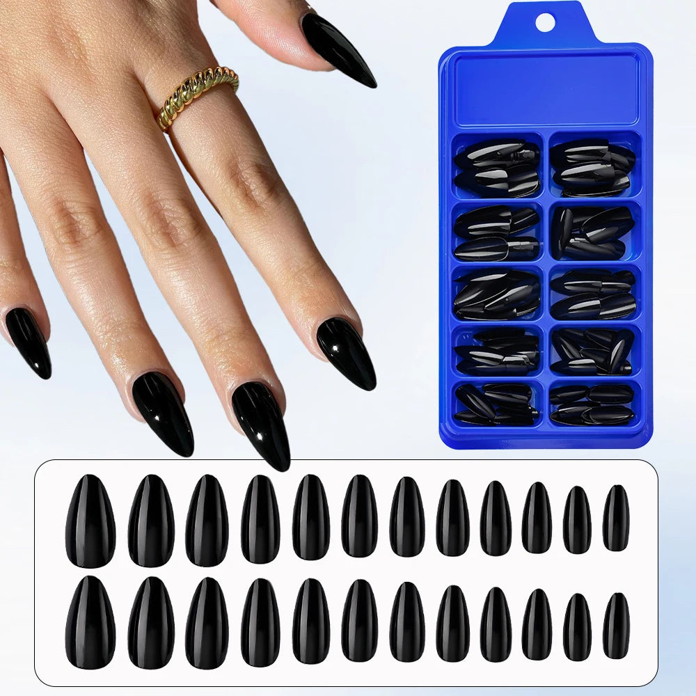 100-Piece Black Matte Almond Press-On Nails – Medium Length Artificial Nail Tips for Extensions