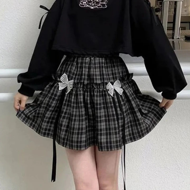 Kawaii Gothic Lolita Plaid Skirt - Women's Goth Bow Black High Waist A-line Mini Skirt, Japanese Style Harajuku Soft Girl