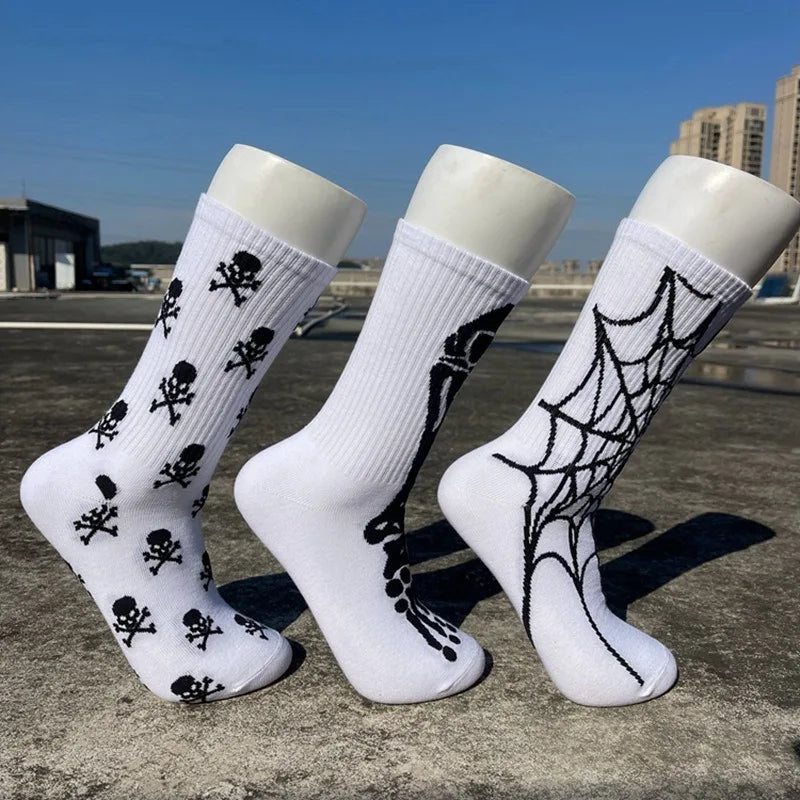 Men's Hip Hop Spider Skull Skateboard Socks – 1 Pair, Personality Streetwear