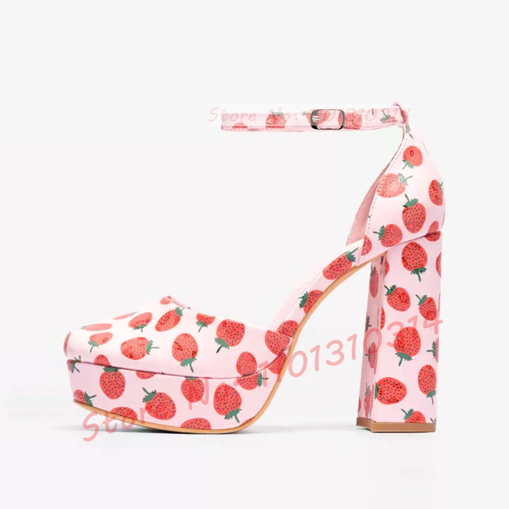 Fruit Print Platform Sandals for Women – Sweet High Block Heels, Round Tip, Light Pink, Summer Ankle Strap, Newest Design