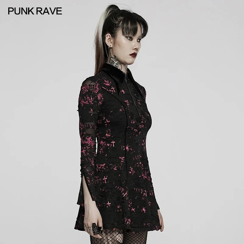 PUNK RAVE Gothic Printed Dress - Elastic Ripped Knit with Point Collar, Drawstring Waist, and Split Cuff Design