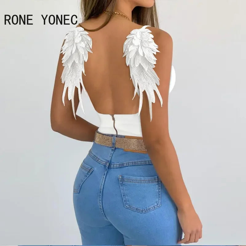 Women Chic Deep V Neck Sleeveless White Camis Crop Top with Wing Decoration - Sexy Summer Casual