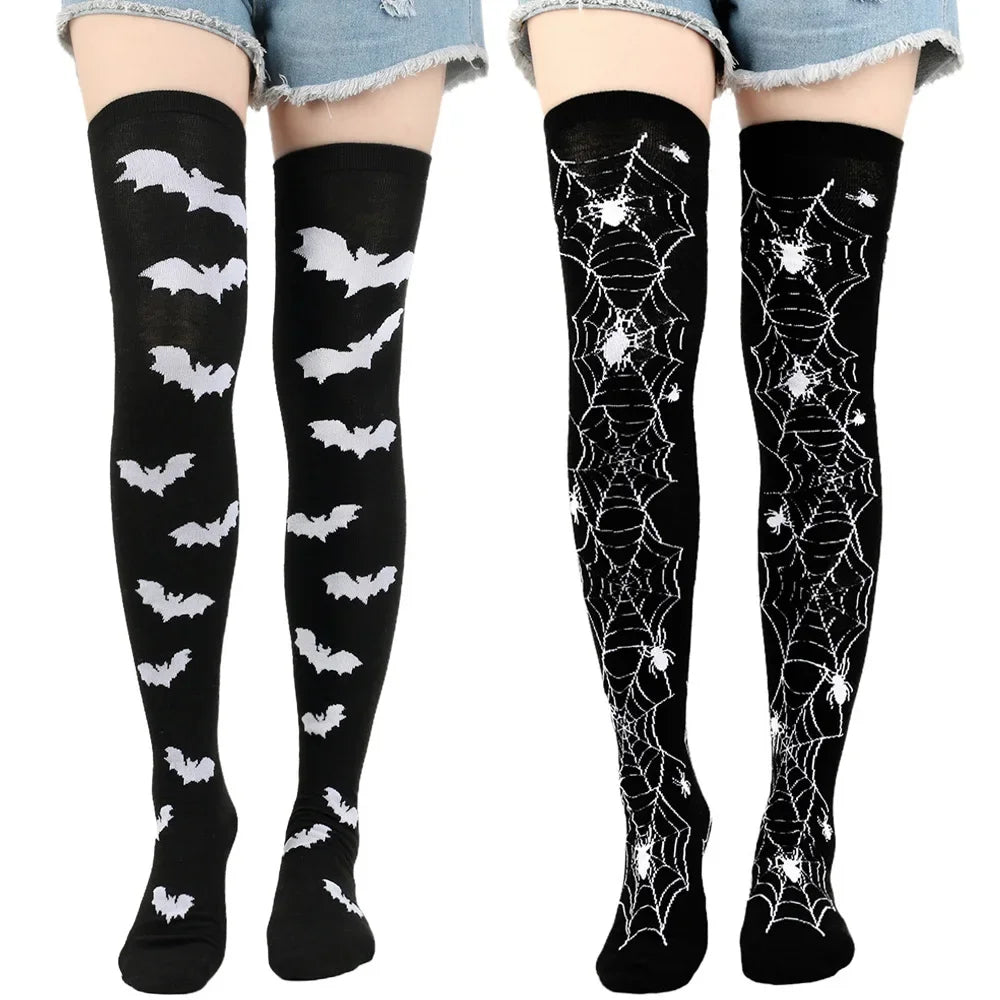 Black Gothic Punk Knee-High Stockings, Non-Slip Over-Knee Warm Long Tube Socks for Girls, Cosplay Halloween Accessory